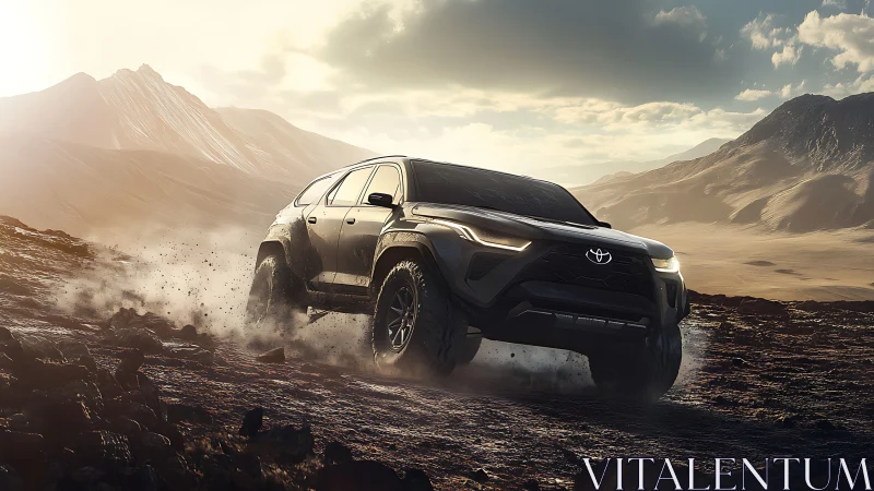 Off road SUV powers across rugged desert trail at dusk.