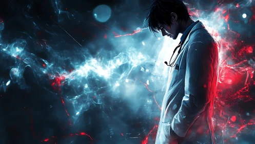 Stoic doctor stands in neon storm of red and cyan light.