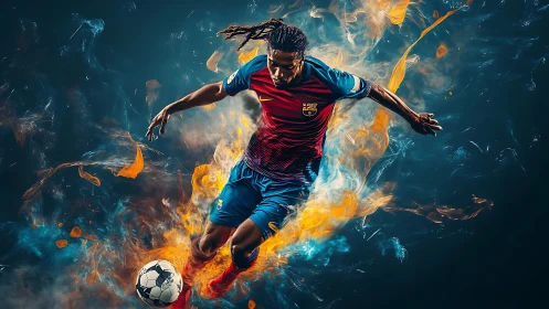 Soccer player in motion amid abstract fire and smoke forms.