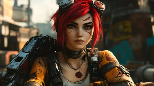Cyberpunk mechanic girl stares forward with battle scars
