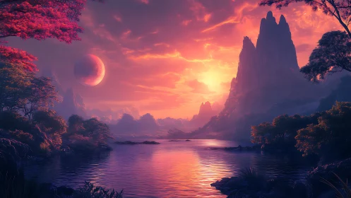 Twin skies burn as alien twilight crowns silent water