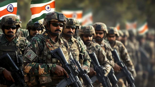 Stoic soldiers stride under tricolor waves of resolve.