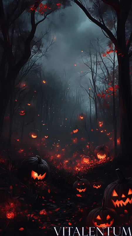 Glowing jack-o&rsquo;-lantern spirits haunt a misty autumn forest