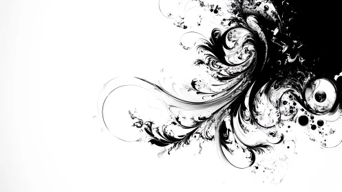 Monochrome swirling abstract ink forms on white field.