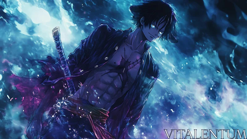 Stormlit swordsman strides through swirling blue energy