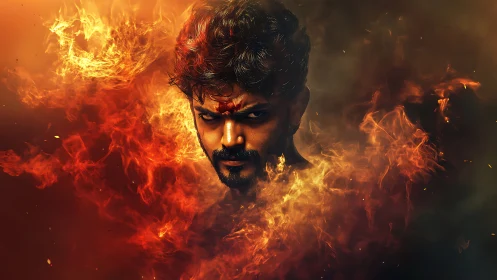 Male portrait emerging from swirling digital fire effects.