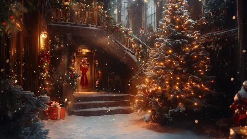 Snowy townhouse courtyard glowing with cozy Christmas lights.