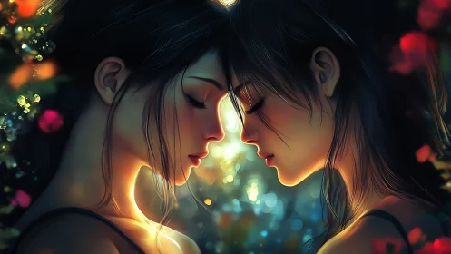 Two figures share intimate moment with luminous magical energy between them.
