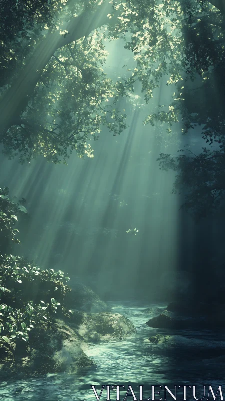 Sunlit forest stream with mist and dense overhead canopy.