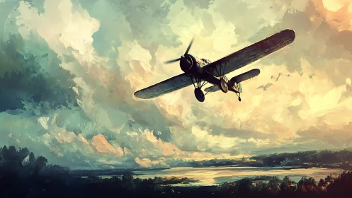 Monoplane traversing atmospheric turbulence over riverlands.