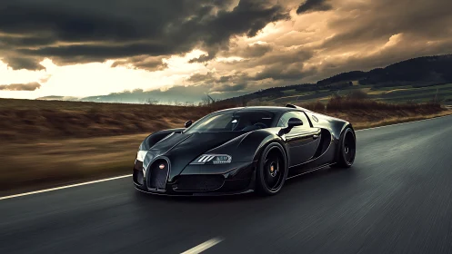 Black hypercar travels on open rural highway at dusk