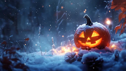 Jack-o-lantern glows through first snow in twilight forest