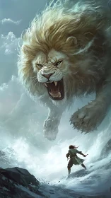 Giant roaring white lion charging at lone warrior in storm