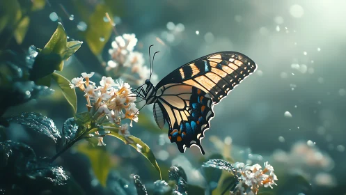 Butterfly on white blossoms in soft green garden light.