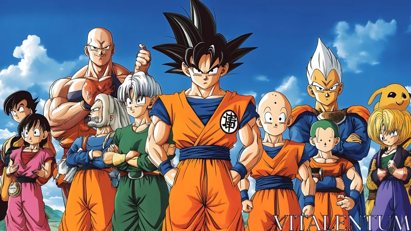 Heroic anime warriors assembled under vivid blue sky.