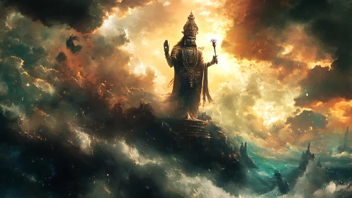 Storm-swaddled deity strides through molten celestial clouds