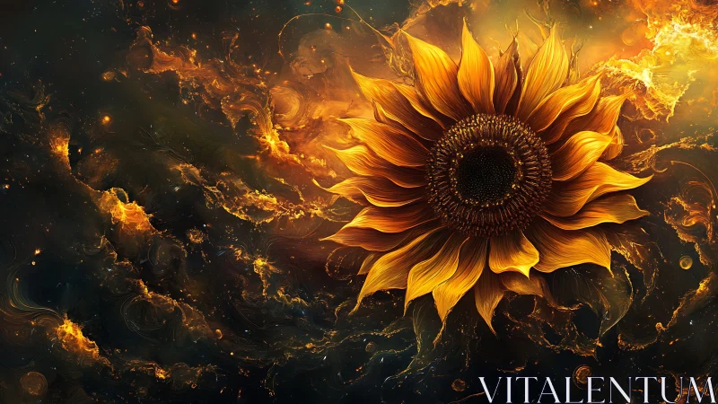 Cosmic sunflower in swirling nebula composition, digital painting.