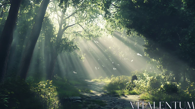Sunlit forest path with mist and drifting foliage rays.