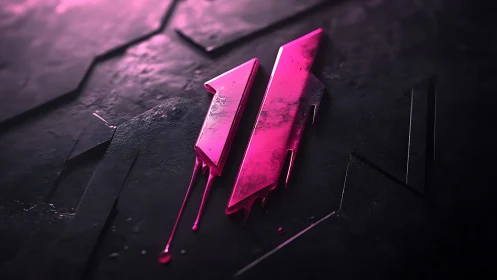 Neon magenta dripped glyph on fractured graphite surface.