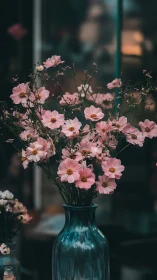 Pink cosmos flowers in blue glass vase.