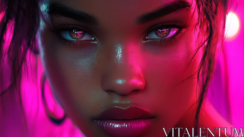 Neon-lit cyber gaze in vivid magenta portrait close-up.