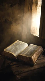 Dusty sunlight crowns an ancient book of worn whispers