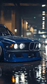 Low-slung classic BMW coupe under rain in urban nightscape