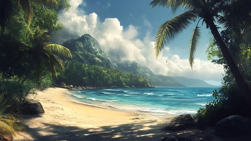 Tropical Paradise Beach with Verdant Mountains and Crystalline Waters.