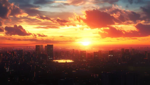 Sunlit megacity skyline under blazing golden sunset clouds.