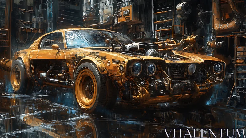 Modified muscle car is depicted in dense industrial workshop