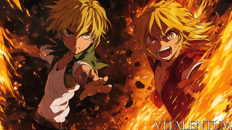 Two blond anime fighters stand in dynamic flaming environment