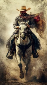 Dusty trail cowboy rides forward with bold, unstoppable spirit