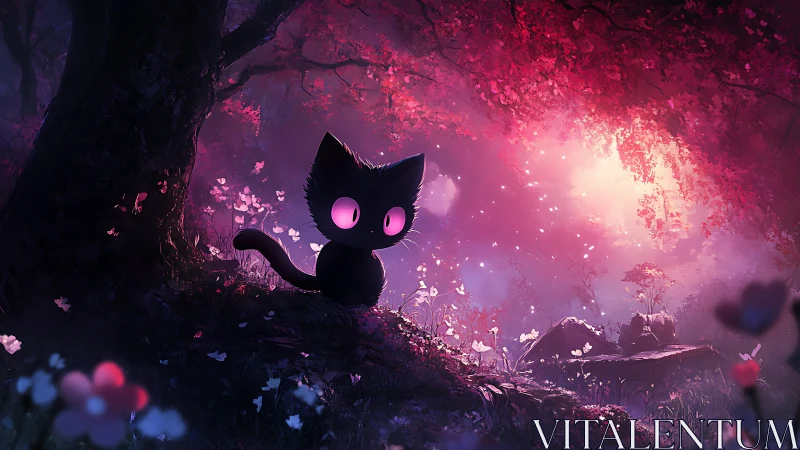 Black Cat With Glowing Magenta Eyes in Enchanted Forest