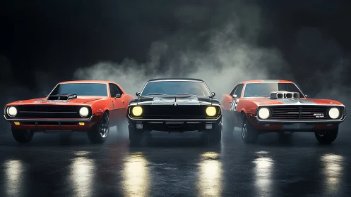 Three vintage muscle cars stand aligned in low key lighting