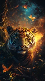 Ember-eyed jungle tiger crowned by glowing midnight butterflies.