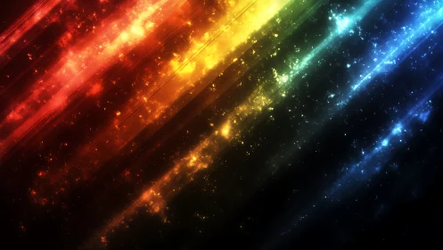 Diagonal multicolor light streaks traverse a dark background