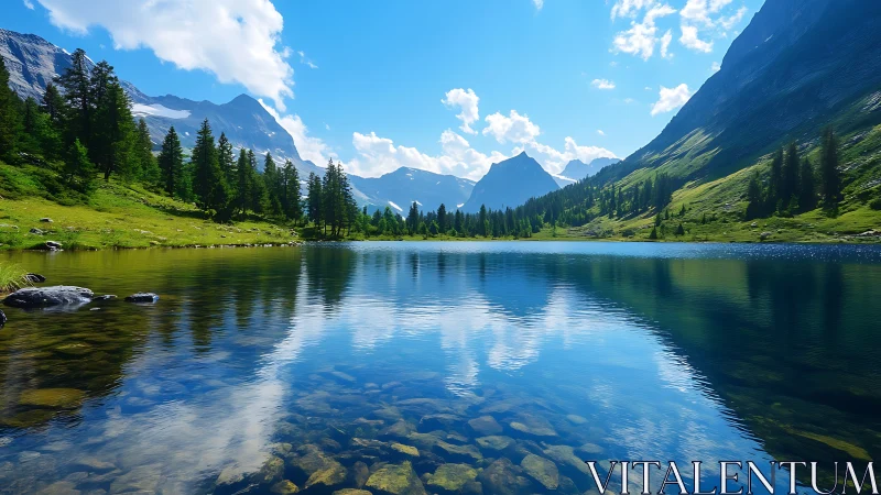 Sky-mirrored alpine lake cradled by bright summer peaks.