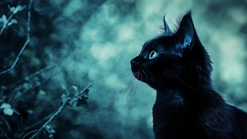 Black Cat with Luminous Eyes in Twilight Forest