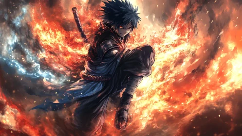 Flame‑wreathed anime warrior leaping through blazing vortex.