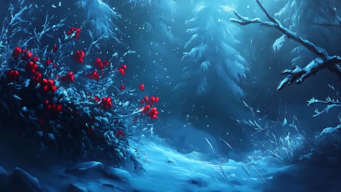 Moonlit winter forest glows as crimson berries softly shine