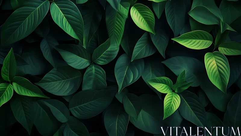 Lush layered green leaves in dramatic low key lighting.