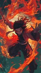 Fiery anime warrior lunges forward in swirling orange flames.