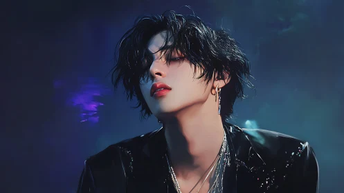 Digital portrait depicts stylized figure in dark environment