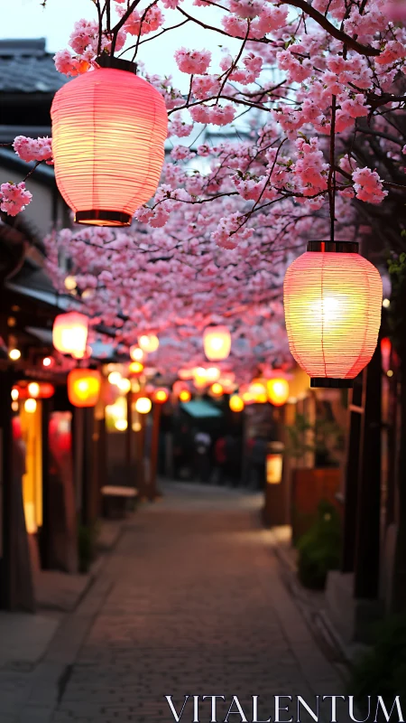 Paper lanterns line a narrow street beneath blooming trees