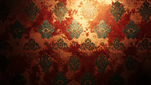 Elegant vintage wallpaper glows with warm, worn character