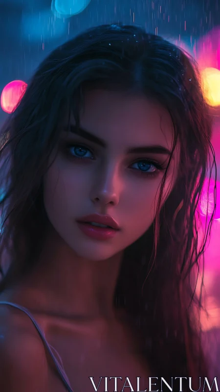 Neon rain muse with electric blue eyes in city twilight.