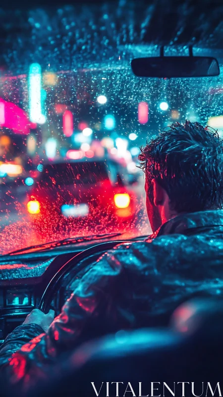 Nocturnal driver framed by neon bokeh and wet windshield optics.