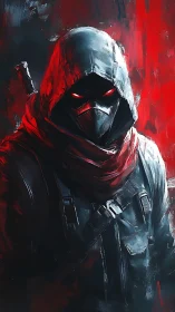 Hooded masked assassin stands in red-lit abstract darkness