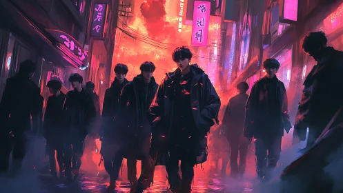 Midnight figures wander through neon smoke and quiet fire