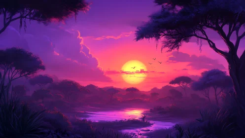Vibrant digital sunset over tranquil purple savanna river.